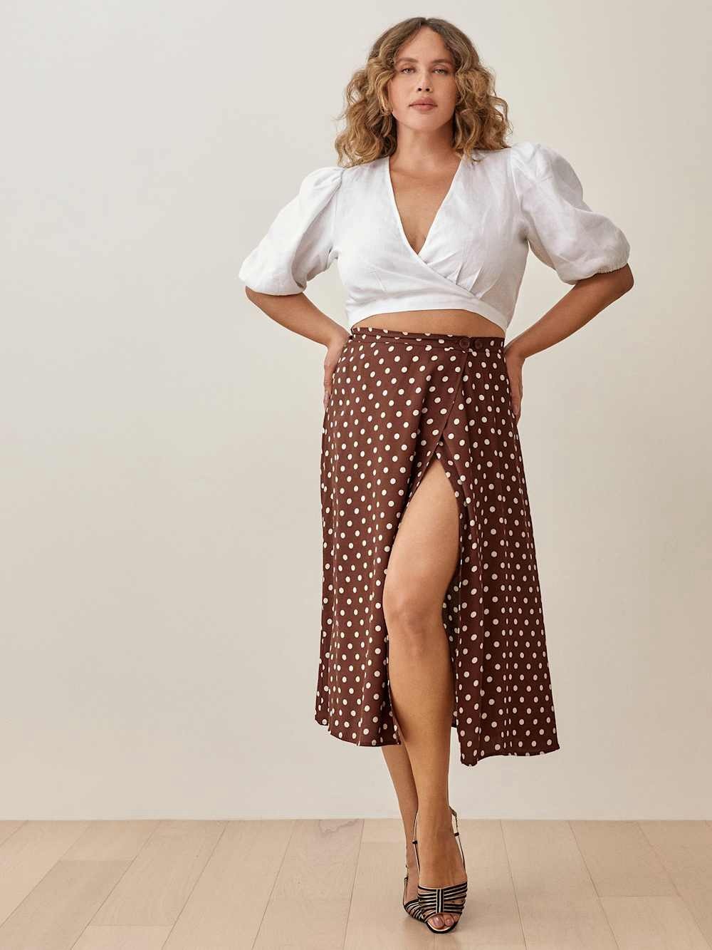 Reformation Betty Wrap Midi Skirt Au Lait Polka Dots